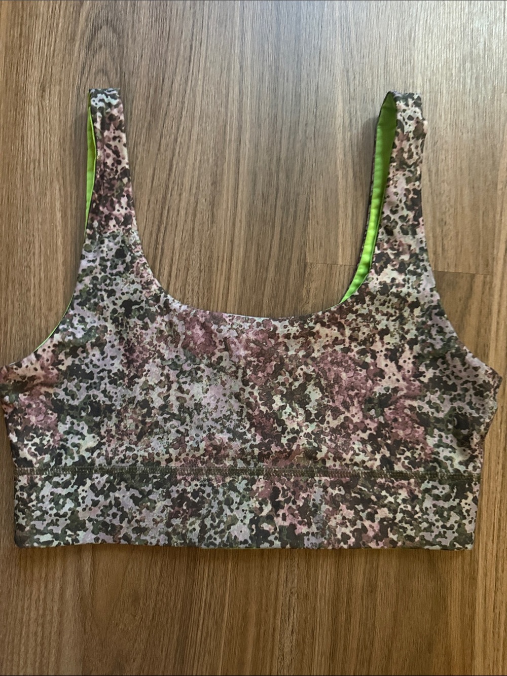 Fabletics Pink and Olive Camo-Print Sports Bra with Lime Lining